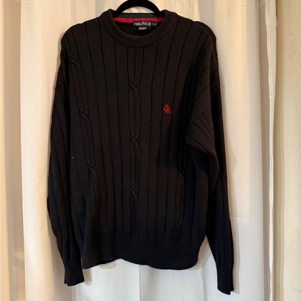 Vintage Nautica Cable Knit Sweater L Black 100% Cotton 90s Logo Crewneck - Picture 3 of 13